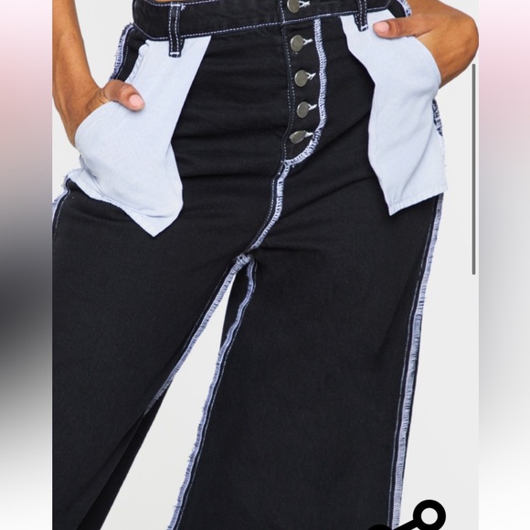 PrettyLittleThing Black Wide Leg Denim Jeans Pants Button Fly Size 10 - Picture 4 of 9